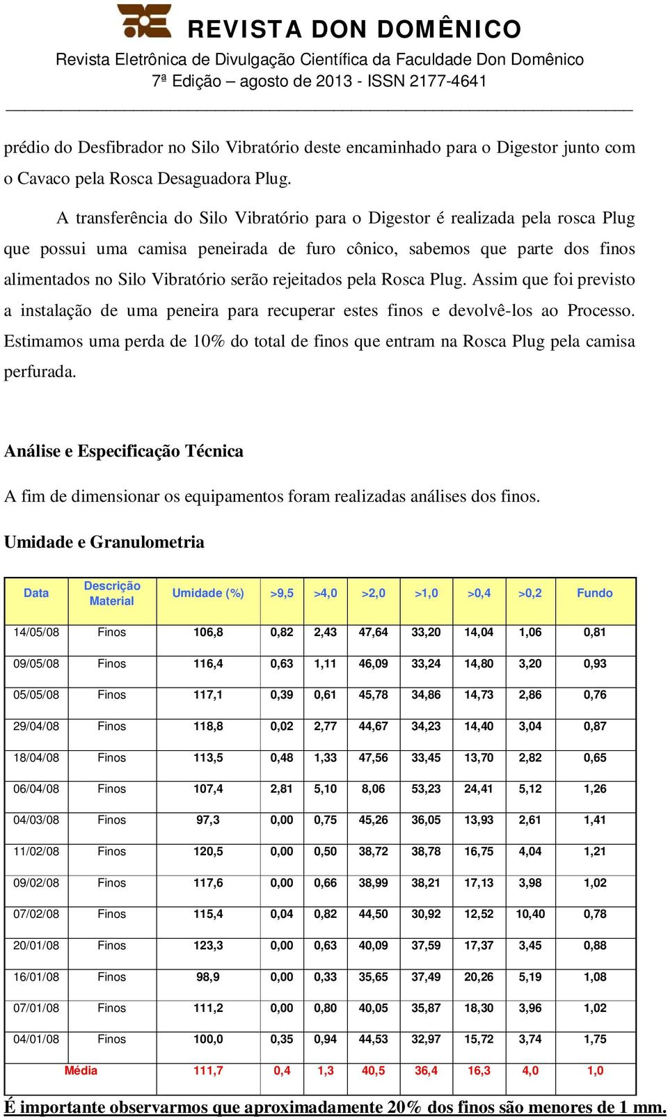 rejeitados pela Rosca Plug. Assim que foi previsto a instalação de uma peneira para recuperar estes finos e devolvê-los ao Processo.