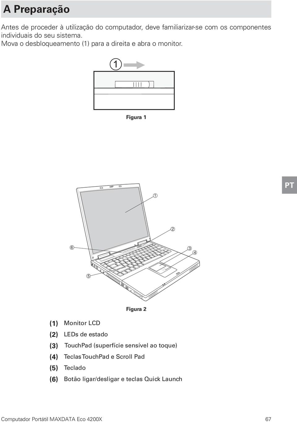 Figura 1 PT Figura 2 (1) Monitor LCD (2) LEDs de estado (3) TouchPad (superfície sensível ao toque) (4)