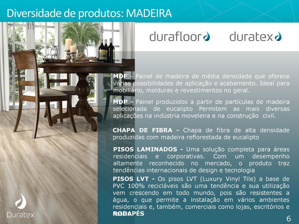 CHAPA DE FIBRA - Chapa de fibra de alta densidade produzidas com madeira reflorestada de eucalipto PISOS LAMINADOS - Uma solução completa para áreas residenciais e corporativas.