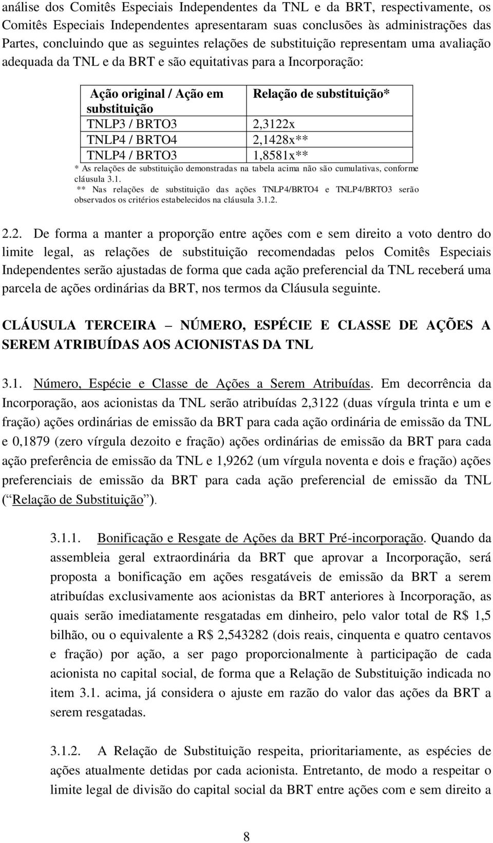 TNLP4 / BRTO4 2,1428x** TNLP4 / BRTO3 1,8581x** * As relações de substituição demonstradas na tabela acima não são cumulativas, conforme cláusula 3.1. ** Nas relações de substituição das ações TNLP4/BRTO4 e TNLP4/BRTO3 serão observados os critérios estabelecidos na cláusula 3.