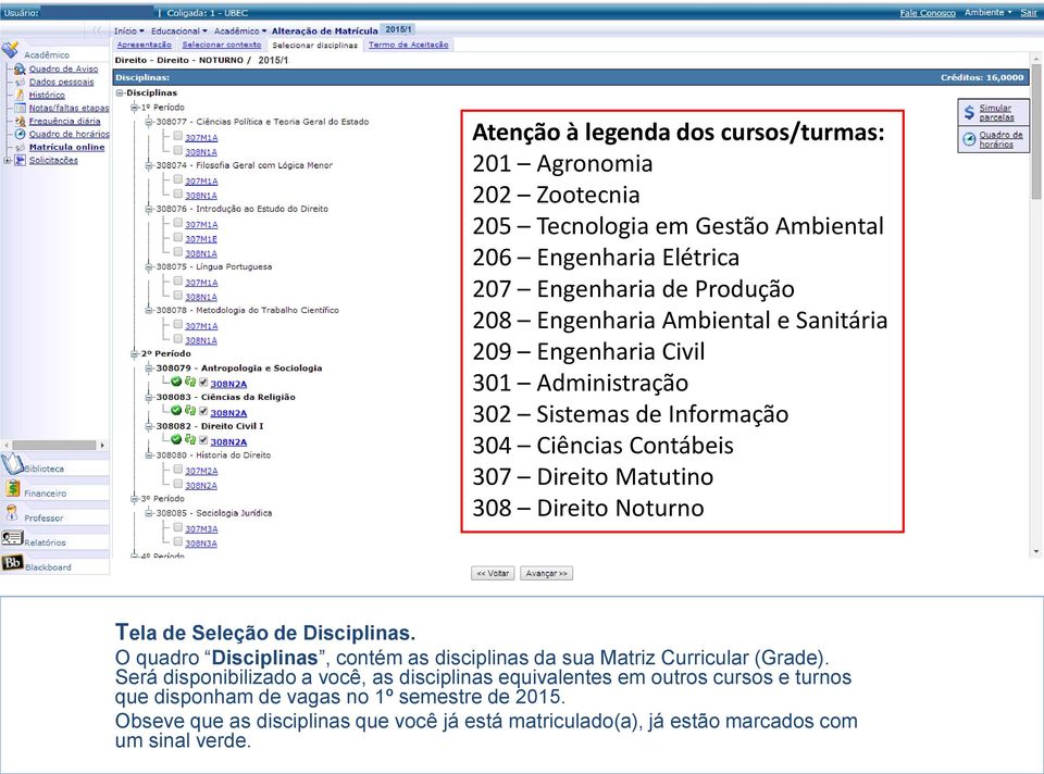 Tela de Seleção de Disciplinas. O quadro Disciplinas, contém as disciplinas da sua Matriz Curricular (Grade).