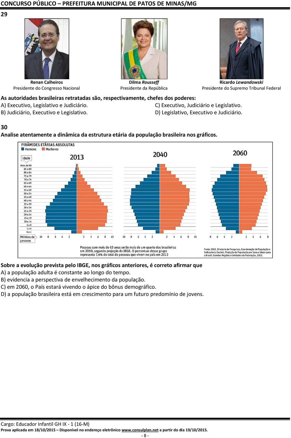 30 Analise atentamente a dinâmica da estrutura etária da população brasileira nos gráficos.