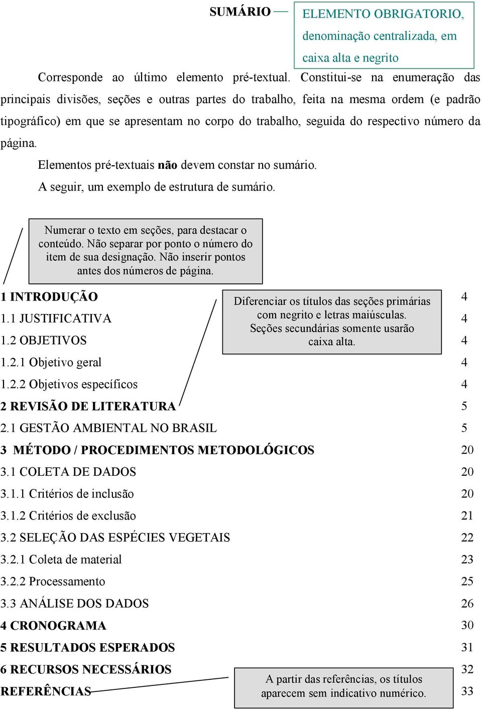 número da página. Elementos pré-textuais não devem constar no sumário. A seguir, um exemplo de estrutura de sumário. Numerar o texto em seções, para destacar o conteúdo.