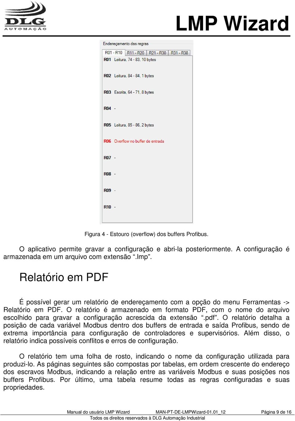 O relatório é armazenado em formato PDF, com o nome do arquivo escolhido para gravar a configuração acrescida da extensão.pdf.