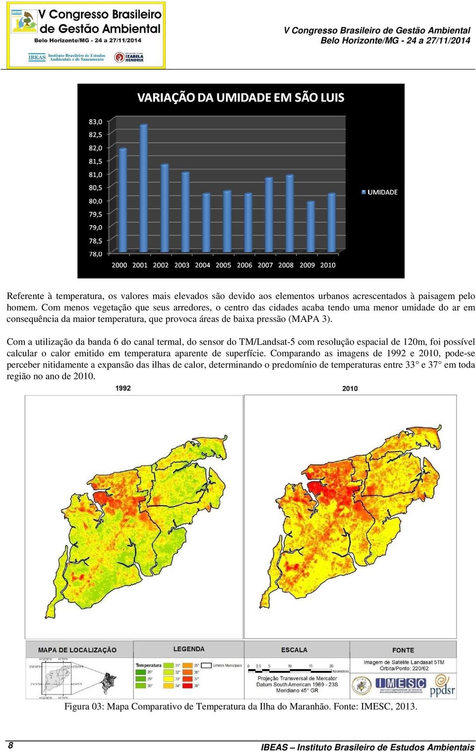 Com a utilização da banda 6 do canal termal, do sensor do TM/Landsat-5 com resolução espacial de 120m, foi possível calcular o calor emitido em temperatura aparente de superfície.