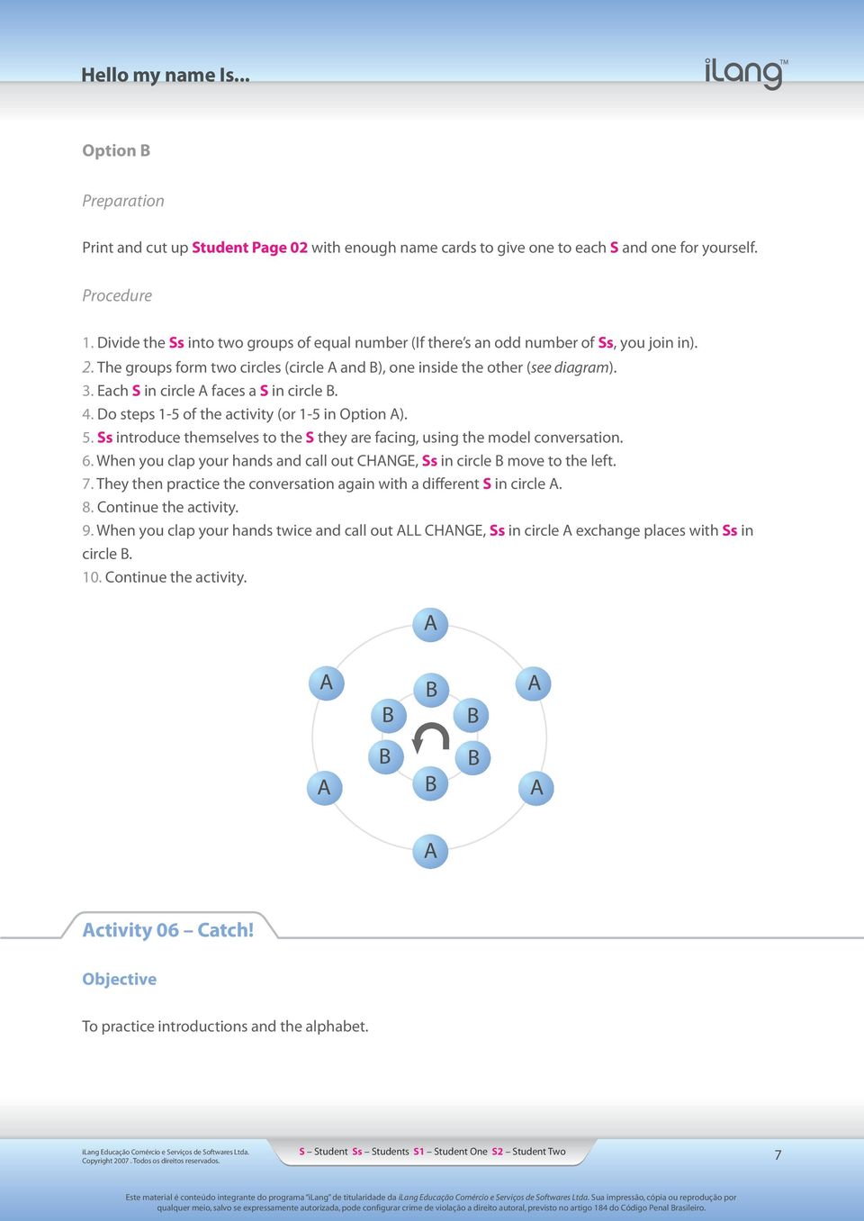 Each S in circle A faces a S in circle B. 4. Do steps 1-5 of the activity (or 1-5 in Option A). 5. Ss introduce themselves to the S they are facing, using the model conversation. 6.