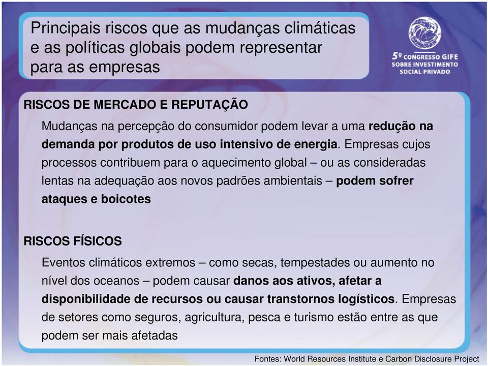 Empresas cujos processos contribuem para o aquecimento global ou as consideradas lentas na adequação aos novos padrões ambientais podem sofrer ataques e boicotes RISCOS FÍSICOS Eventos