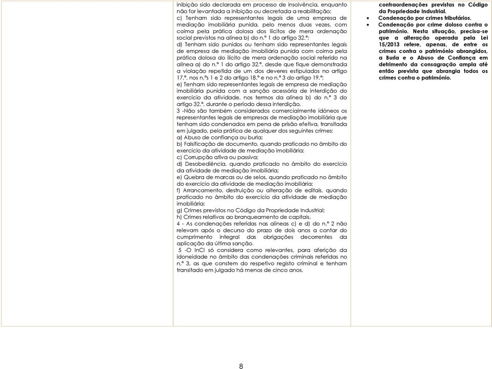 º; d) Tenham sido punidos ou tenham sido representantes legais de empresa de mediação imobiliária punida com coima pela prática dolosa do ilícito de mera ordenação social referido na alínea a) do n.