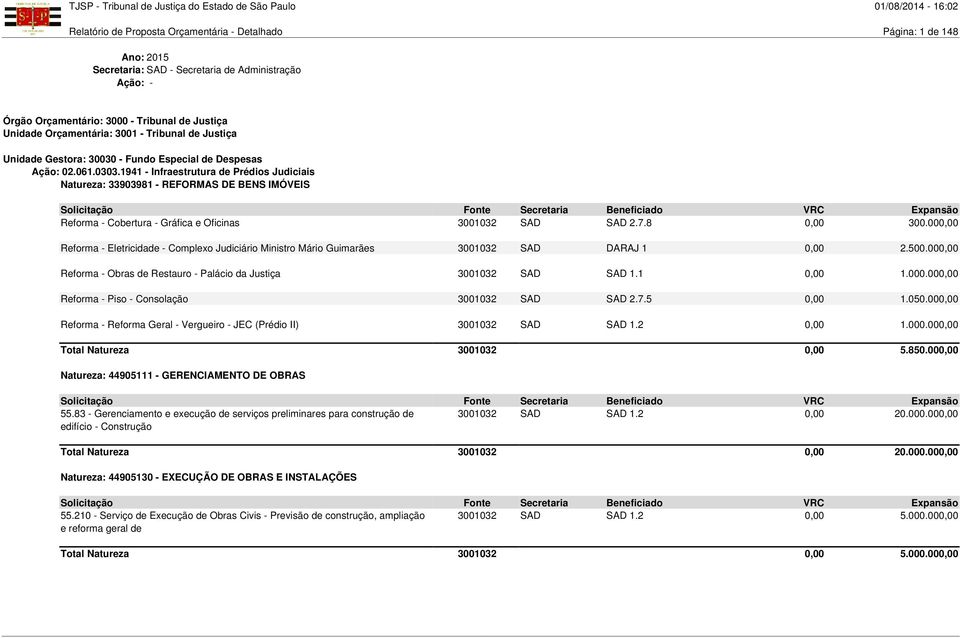 1941 - Infraestrutura de Prédios Judiciais Natureza: 33903981 - REFORMAS DE BENS IMÓVEIS Reforma - Cobertura - Gráfica e Oficinas 3001032 SAD SAD 2.7.8 0,00 300.