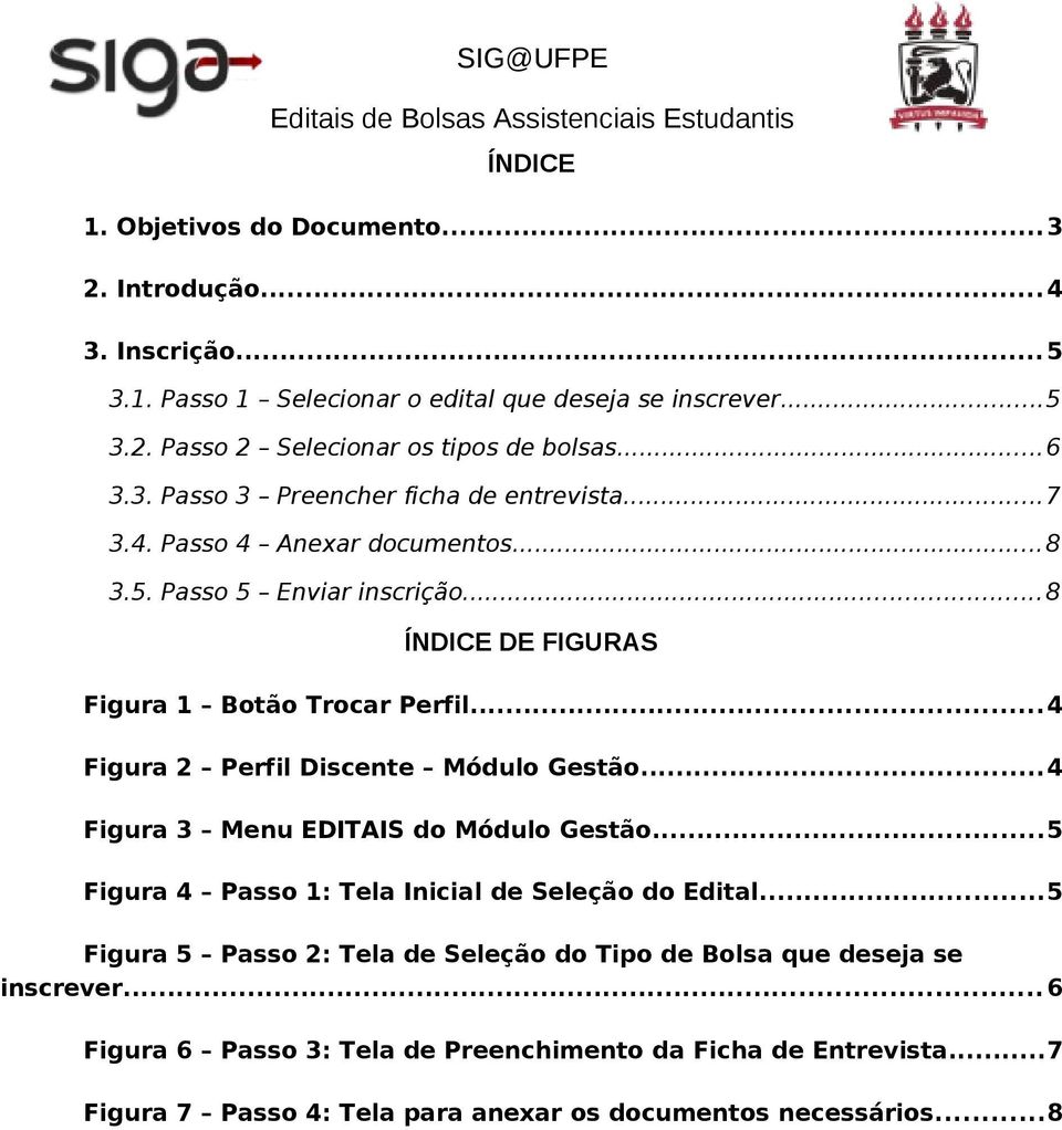 ..4 Figura 2 Perfil Discente Módulo Gestão...4 Figura 3 Menu EDITAIS do Módulo Gestão...5 Figura 4 Passo 1: Tela Inicial de Seleção do Edital.