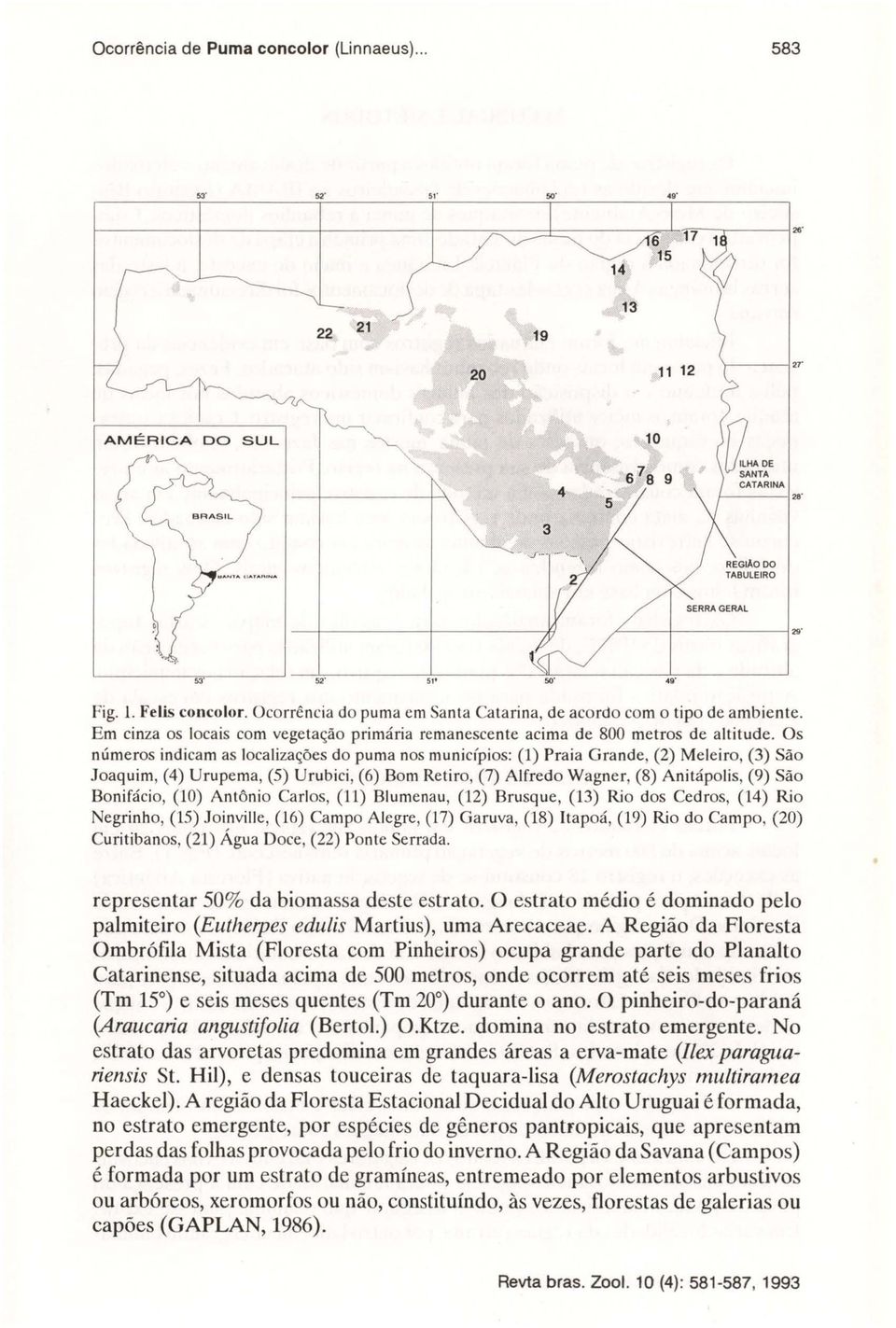 Os números indicam as localizações do puma nos municípios: (1) Praia Grande, (2) Meleiro, (3) São Joaquim, (4) Urupema, (5) Urubici, (6) Bom Retiro, (7) Alfredo Wagner, (8) Anitápolis, (9) São