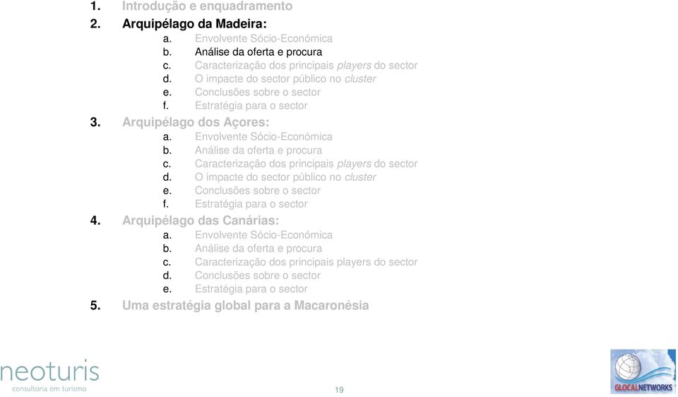 Caracterização dos principais players do sector d. O impacte do sector público no cluster e. Conclusões sobre o sector f. Estratégia para o sector 4. Arquipélago das Canárias: a.