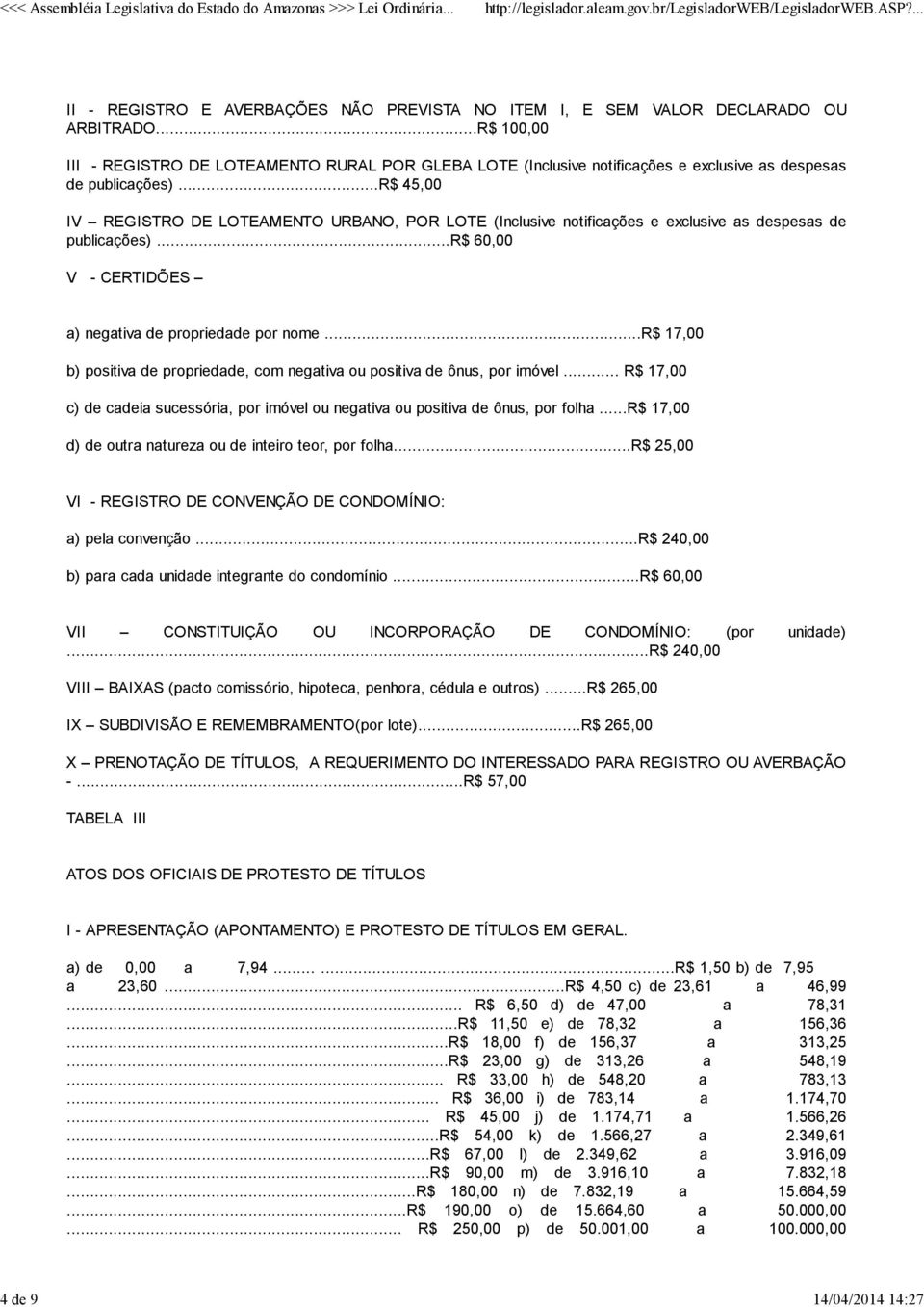 ..r$ 45,00 IV REGISTRO DE LOTEAMENTO URBANO, POR LOTE (Inclusive notificações e exclusive as despesas de publicações)...r$ 60,00 V - CERTIDÕES a) negativa de propriedade por nome.