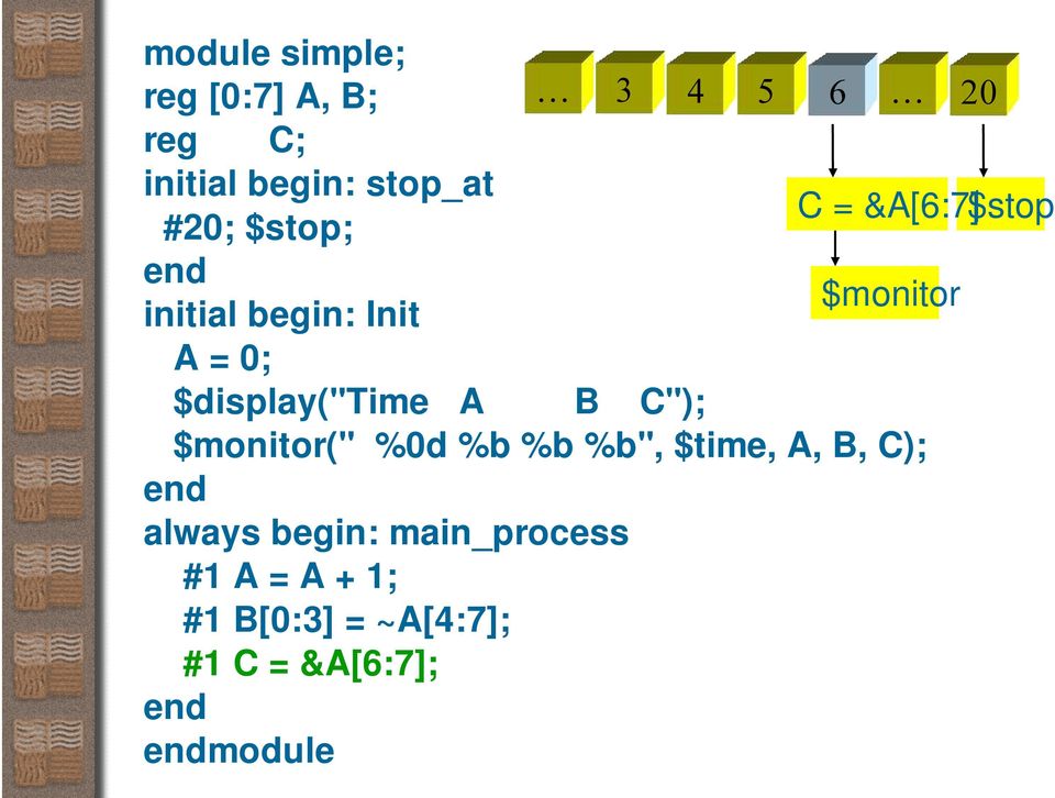 $display("time A B C"); $monitor(" %0d %b %b %b", $time, A, B, C);