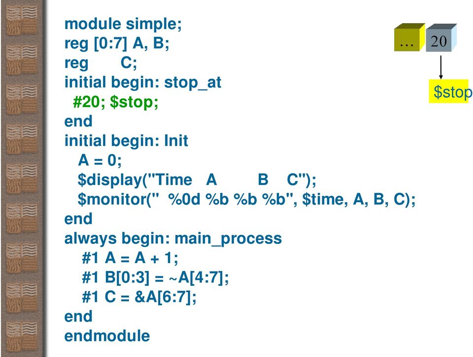 C"); $monitor(" %0d %b %b %b", $time, A, B, C); always begin: