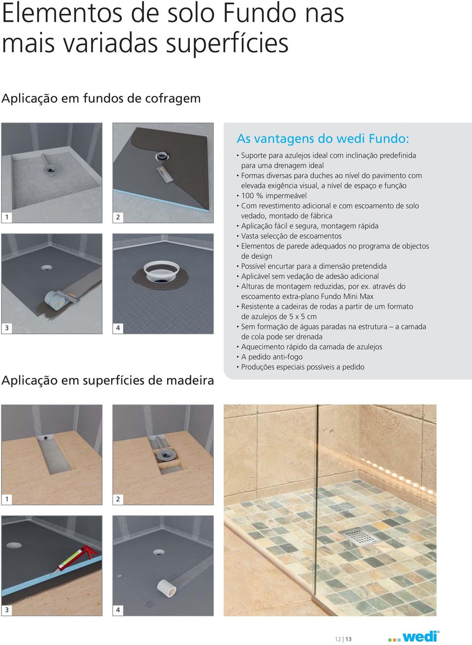 e com escoamento de solo vedado, montado de fábrica Aplicação fácil e segura, montagem rápida Vasta selecção de escoamentos Elementos de parede adequados no programa de objectos de design Possível