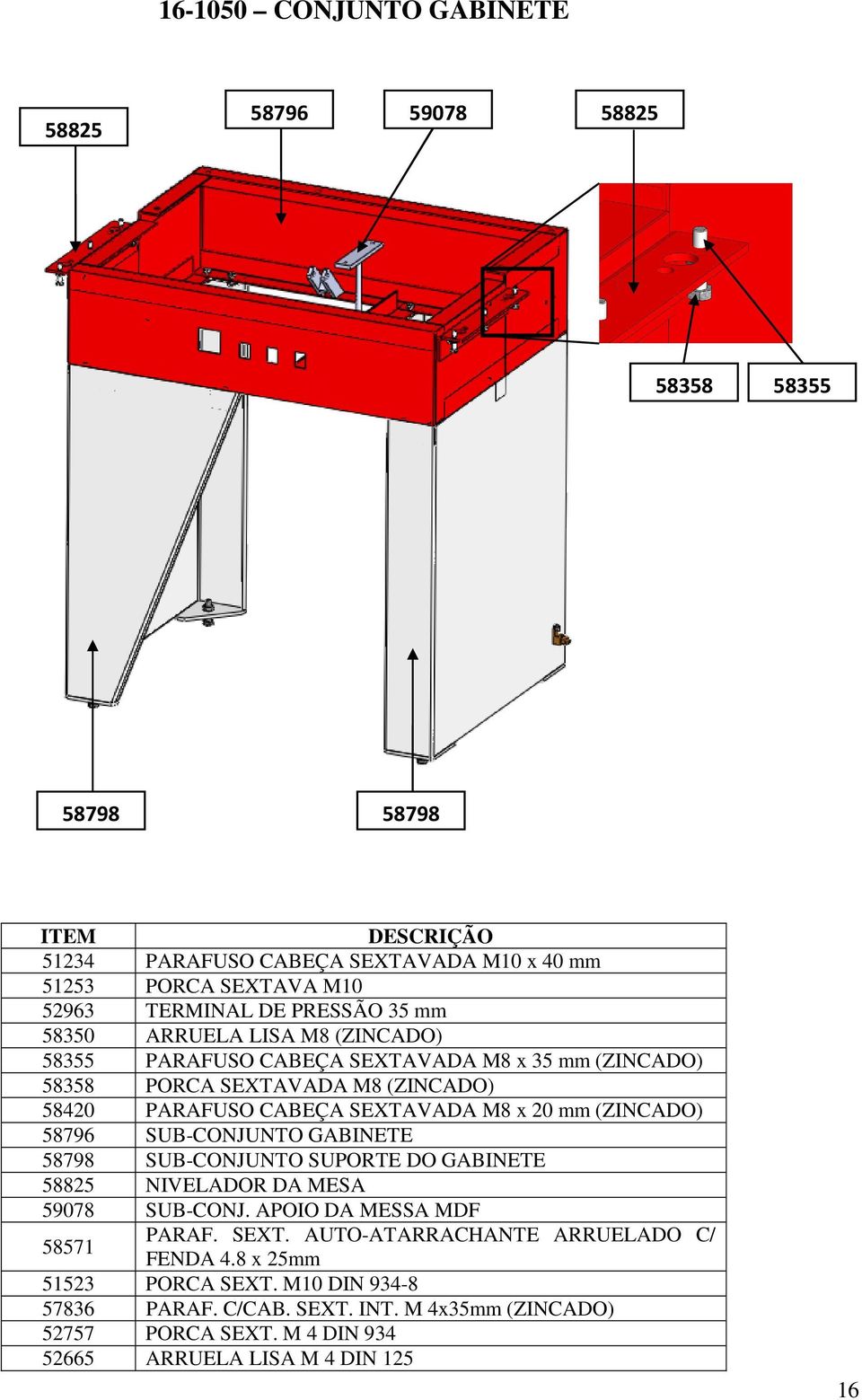 mm (ZINCADO) 58796 SUB-CONJUNTO GABINETE 58798 SUB-CONJUNTO SUPORTE DO GABINETE 58825 NIVELADOR DA MESA 59078 SUB-CONJ. APOIO DA MESSA MDF 58571 PARAF. SEXT.