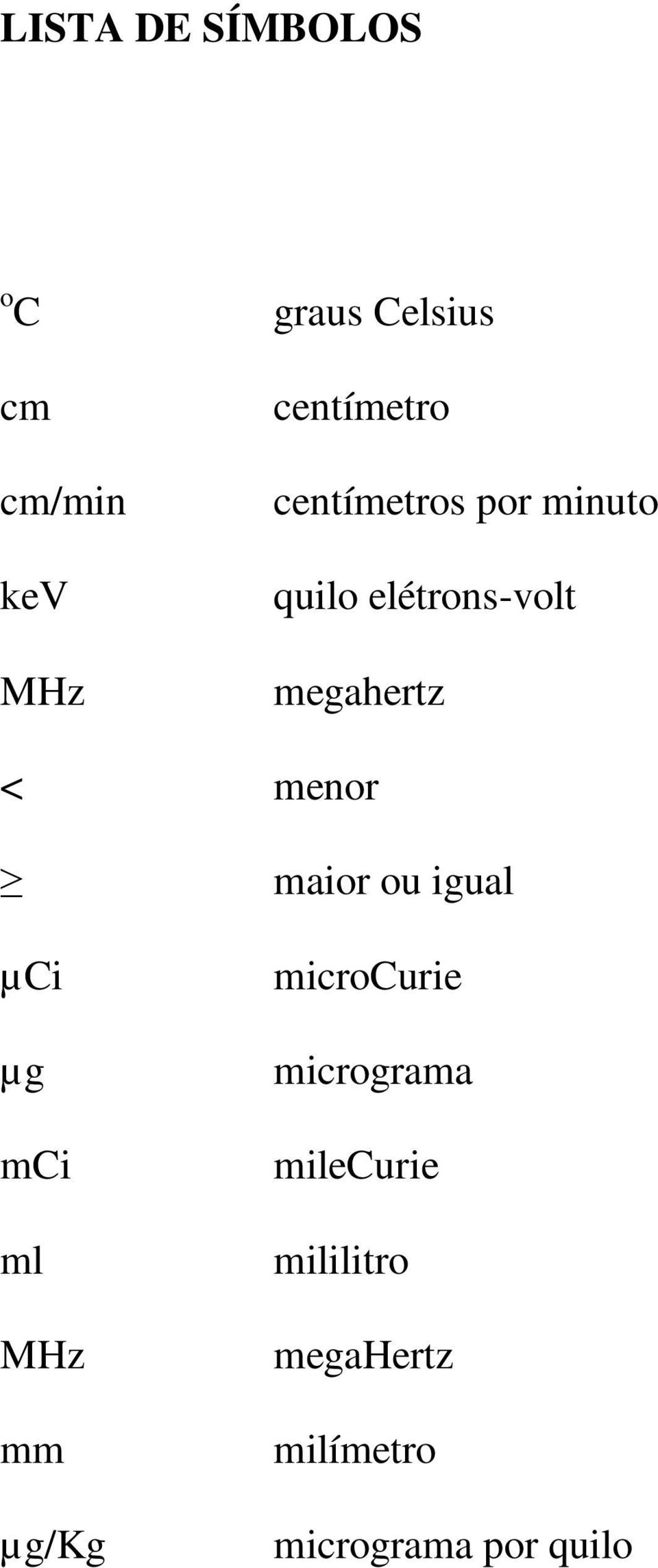 megahertz < menor µci maior ou igual microcurie µg micrograma