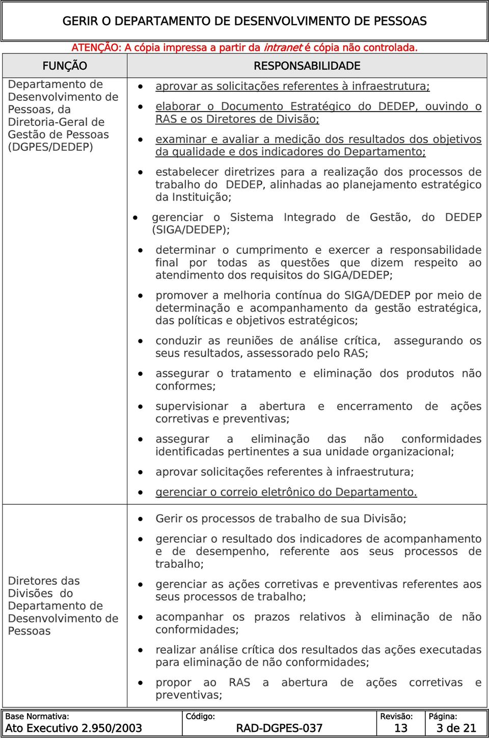 realização dos processos de trabalho do DEDEP, alinhadas ao planejamento estratégico da Instituição; gerenciar o Sistema Integrado de Gestão, do DEDEP (SIGA/DEDEP); determinar o cumprimento e exercer