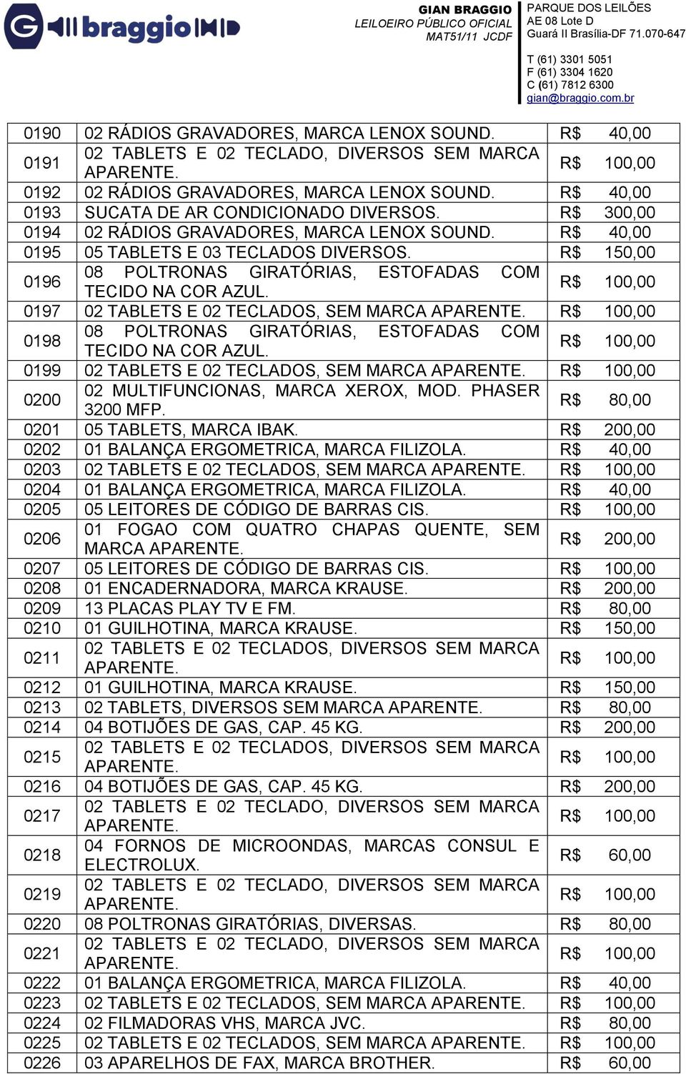 0197 02 TABLETS E 02 TECLADOS, SEM 0198 08 POLTRONAS GIRATÓRIAS, ESTOFADAS COM TECIDO NA COR AZUL. 0199 02 TABLETS E 02 TECLADOS, SEM 0200 0201 05 TABLETS, MARCA IBAK.