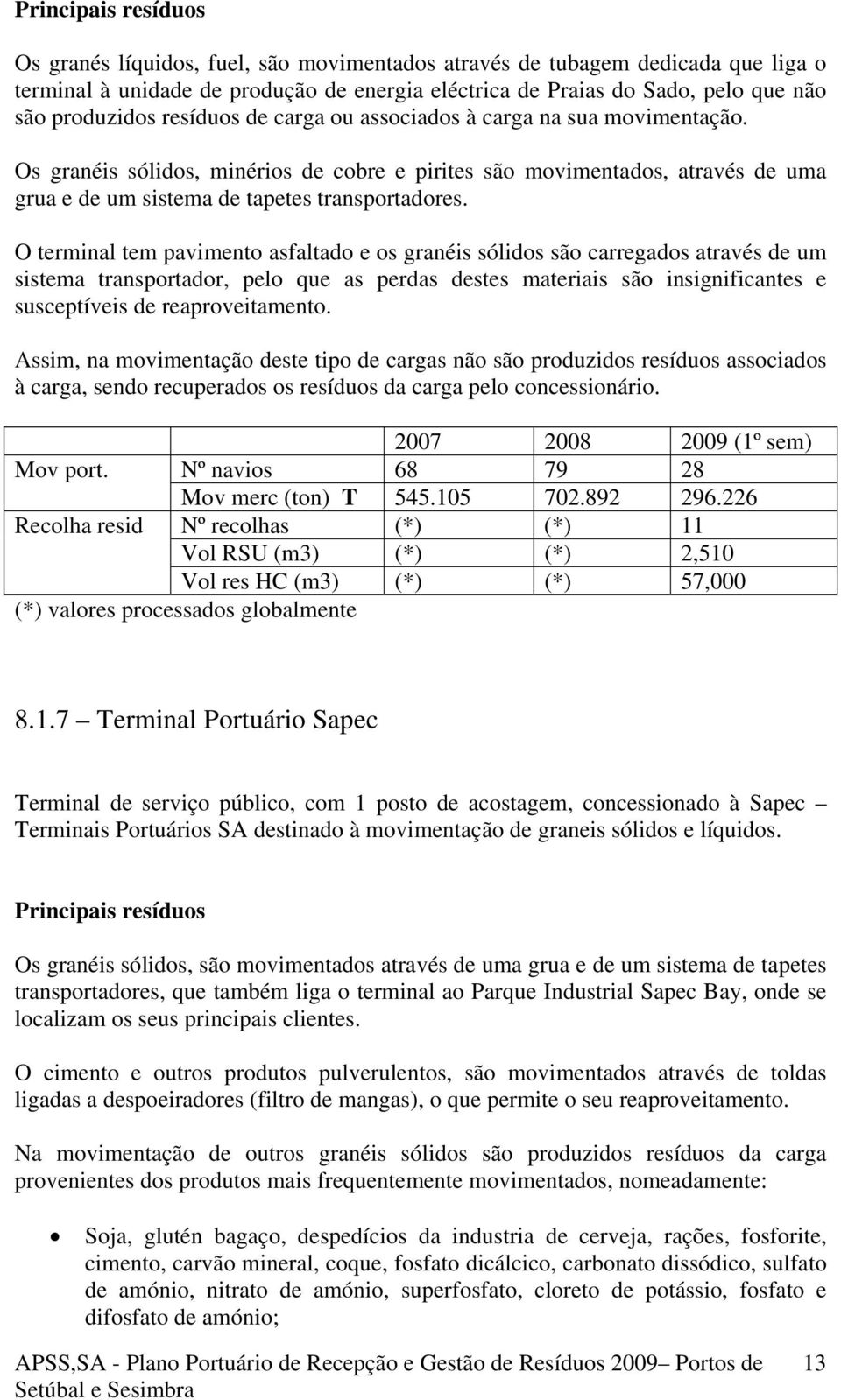 Os granéis sólidos, minérios de cobre e pirites são movimentados, através de uma grua e de um sistema de tapetes transportadores.