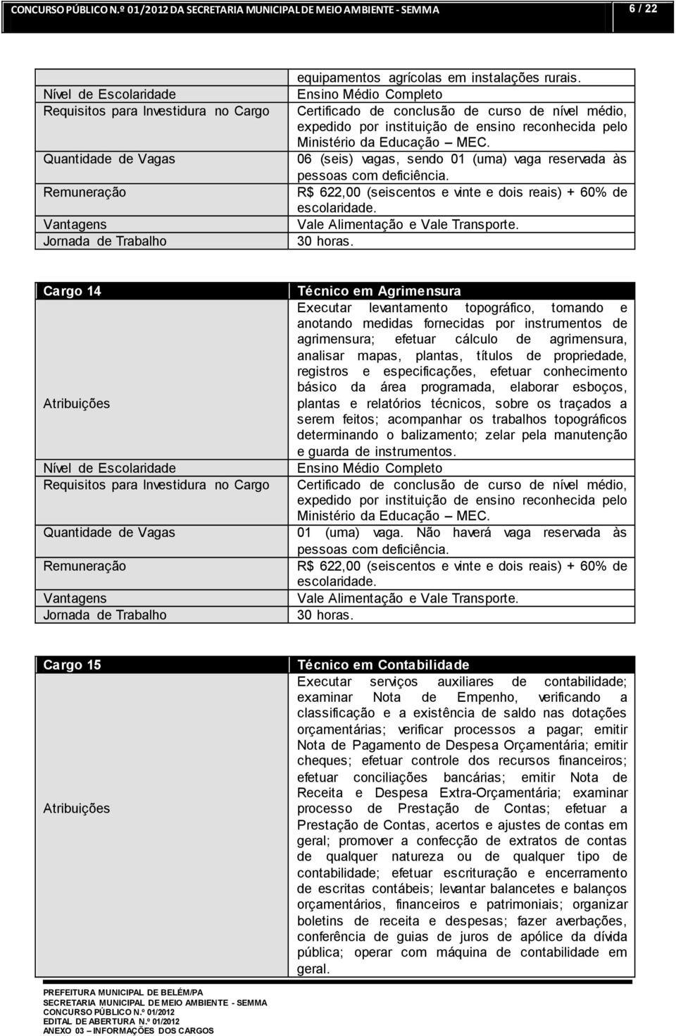 06 (seis) vagas, sendo 01 (uma) vaga reservada às R$ 622,00 (seiscentos e vinte e dois reais) + 60% de Cargo 14 Técnico em Agrimensura Executar levantamento topográfico, tomando e anotando medidas