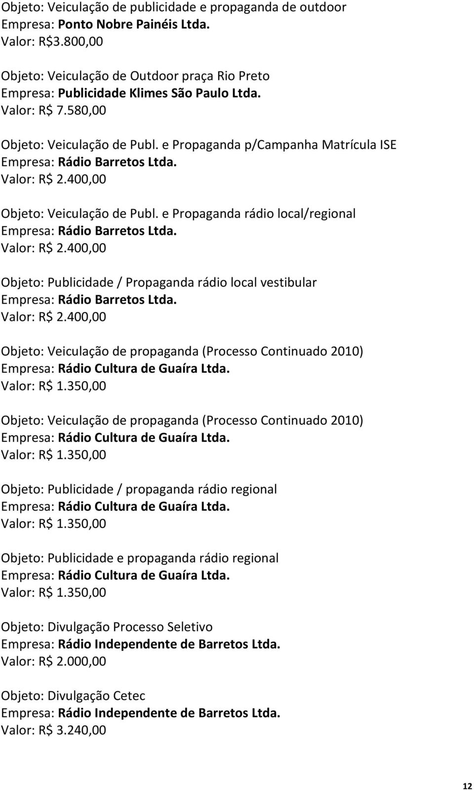 e Propaganda rádio local/regional Empresa: Rádio Barretos Ltda. Valor: R$ 2.400,00 Objeto: Publicidade / Propaganda rádio local vestibular Empresa: Rádio Barretos Ltda. Valor: R$ 2.400,00 Objeto: Veiculação de propaganda (Processo Continuado 2010) Empresa: Rádio Cultura de Guaíra Ltda.