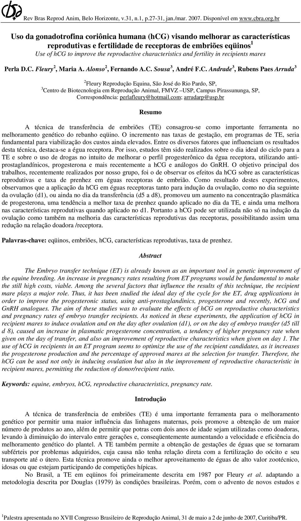 characteristics and fertility in recipients mares Perla D.C.