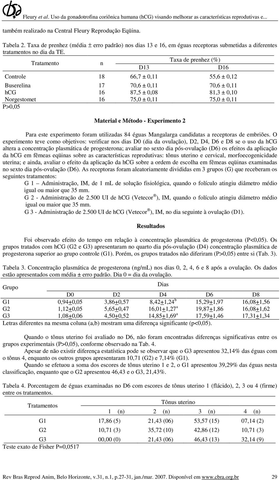 Material e Método - Experimento 2 Para este experimento foram utilizadas 84 éguas Mangalarga candidatas a receptoras de embriões.