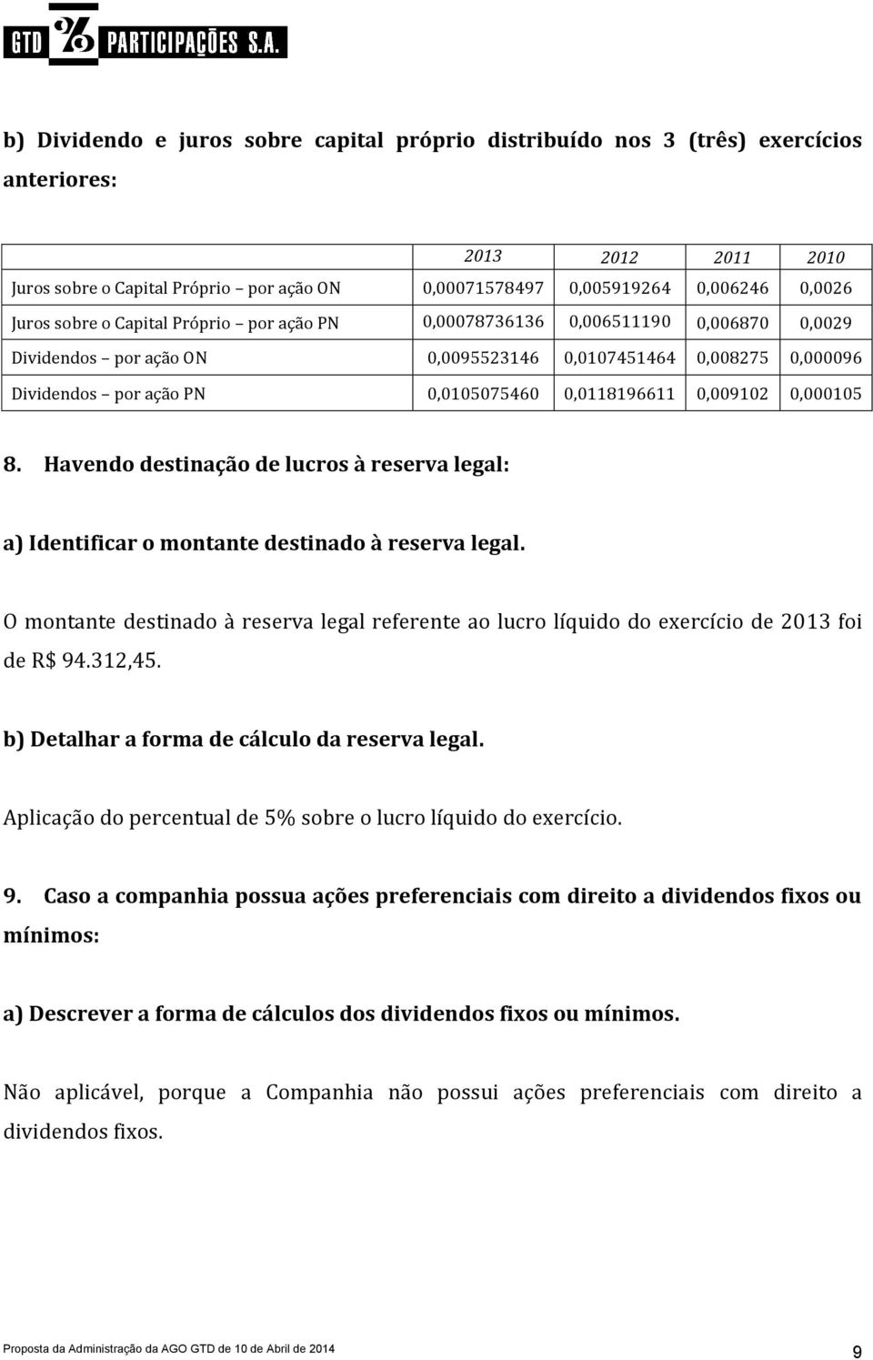 0,009102 0,000105 8. Havendo destinação de lucros à reserva legal: a) Identificar o montante destinado à reserva legal.