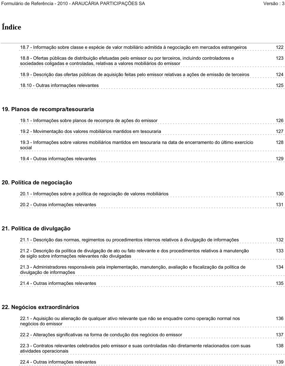 9 - Descrição das ofertas públicas de aquisição feitas pelo emissor relativas a ações de emissão de terceiros 124 18.10 - Outras informações relevantes 125 19. Planos de recompra/tesouraria 19.