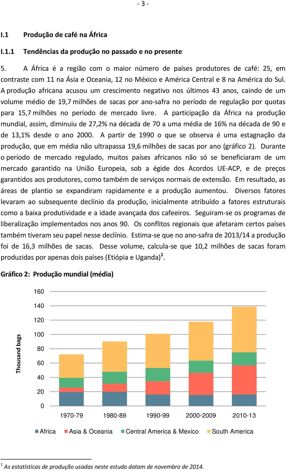 A produção africana acusou um crescimento negativo nos últimos 43 anos, caindo de um volume médio de 19,7 milhões de sacas por ano safra no período de regulação por quotas para 15,7 milhões no