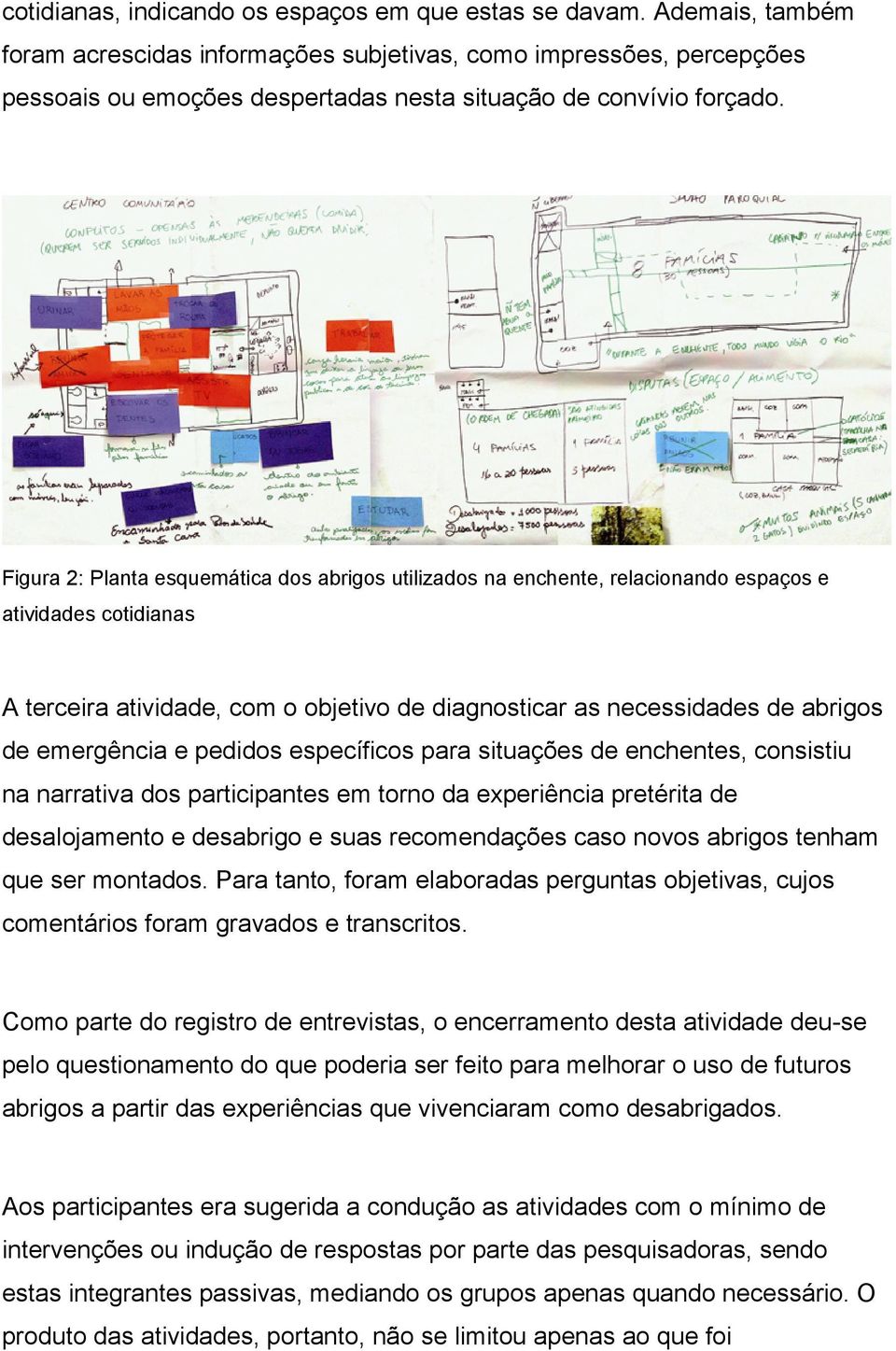 Figura 2: Planta esquemática dos abrigos utilizados na enchente, relacionando espaços e atividades cotidianas A terceira atividade, com o objetivo de diagnosticar as necessidades de abrigos de