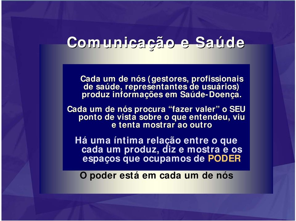 Cada um de nós n s procura fazer valer o SEU ponto de vista sobre o que entendeu, viu e tenta