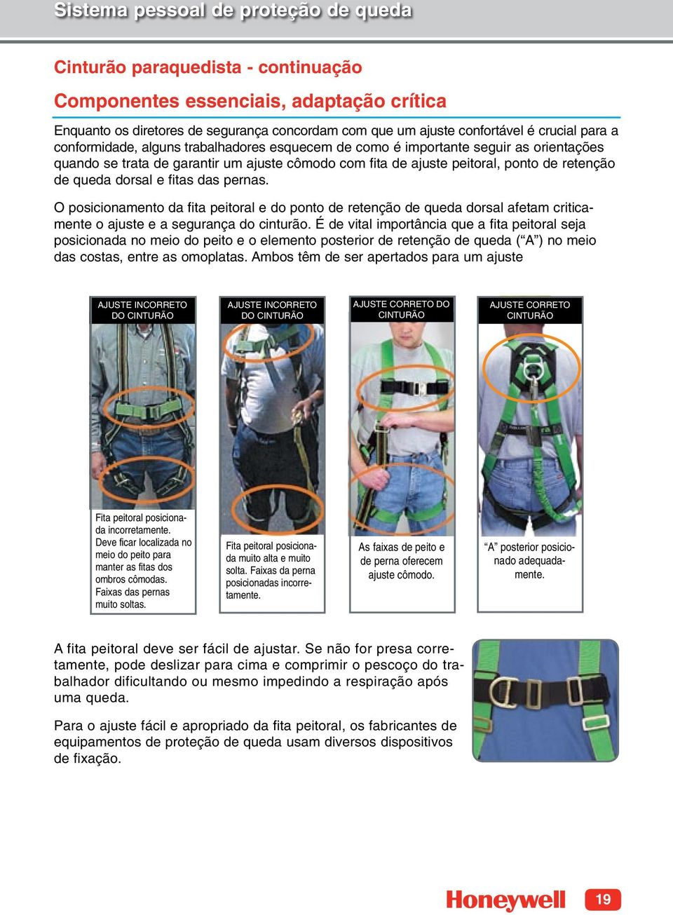 dorsal e fitas das pernas. O posicionamento da fita peitoral e do ponto de retenção de queda dorsal afetam criticamente o ajuste e a segurança do cinturão.