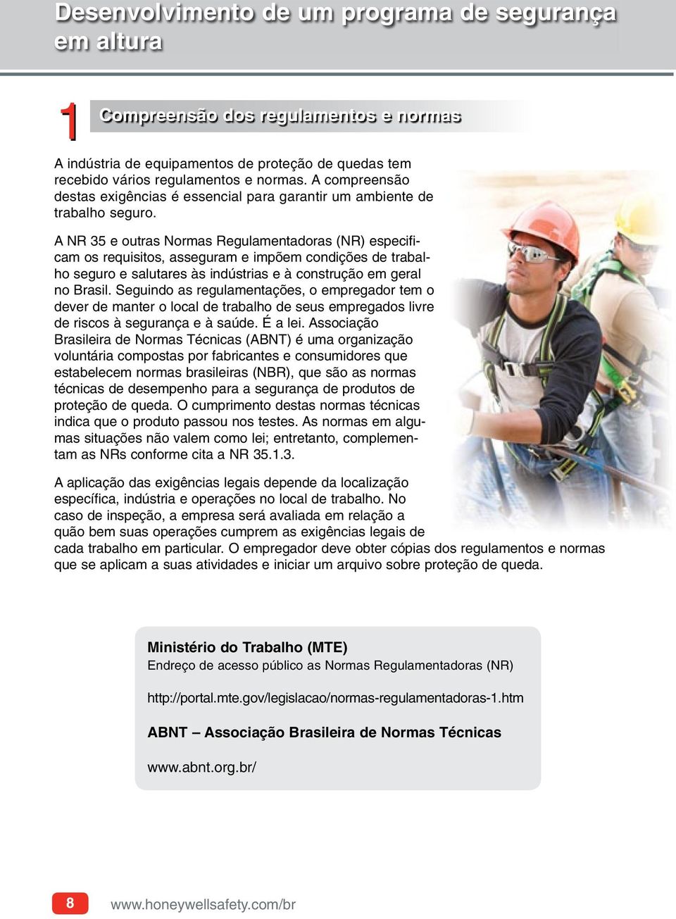 A NR 35 e outras Normas Regulamentadoras (NR) especificam os requisitos, asseguram e impõem condições de trabalho seguro e salutares às indústrias e à construção em geral no Brasil.