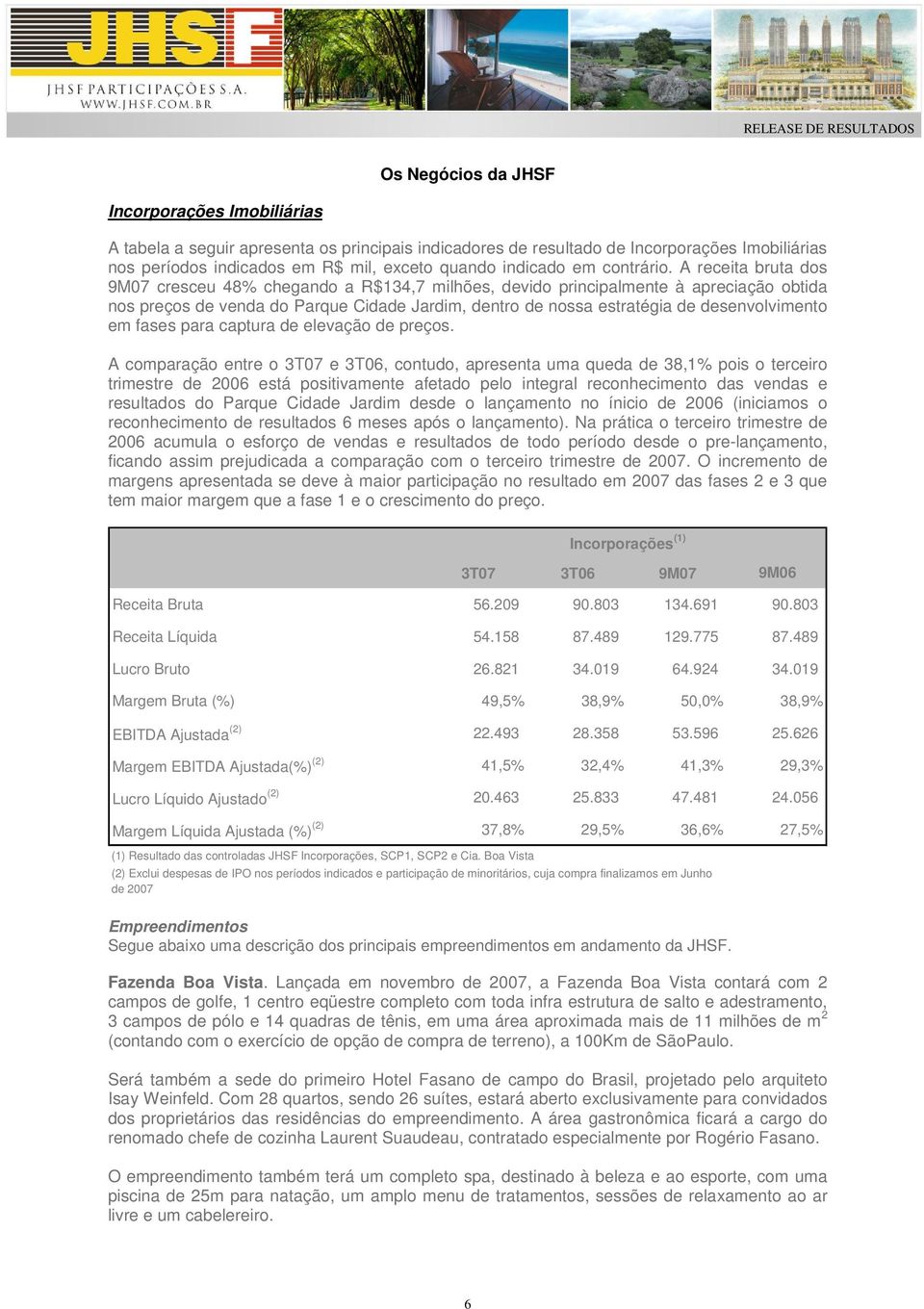 A receita bruta dos 9M07 cresceu 48% chegando a R$134,7 milhões, devido principalmente à apreciação obtida nos preços de venda do Parque Cidade Jardim, dentro de nossa estratégia de desenvolvimento