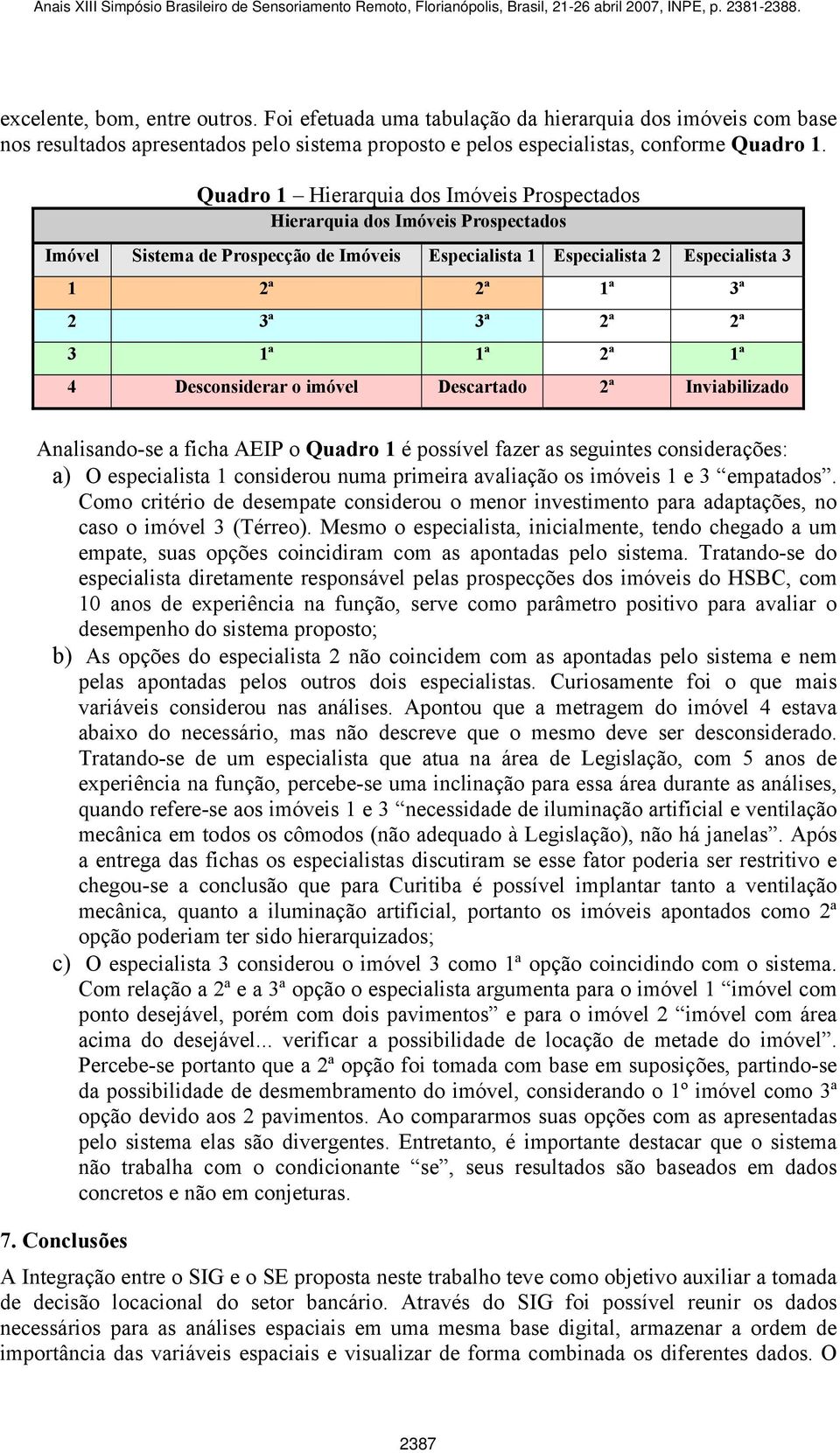 1ª 2ª 1ª 4 Desconsiderar o imóvel Descartado 2ª Inviabilizado Analisando-se a ficha AEIP o Quadro 1 é possível fazer as seguintes considerações: a) O especialista 1 considerou numa primeira avaliação