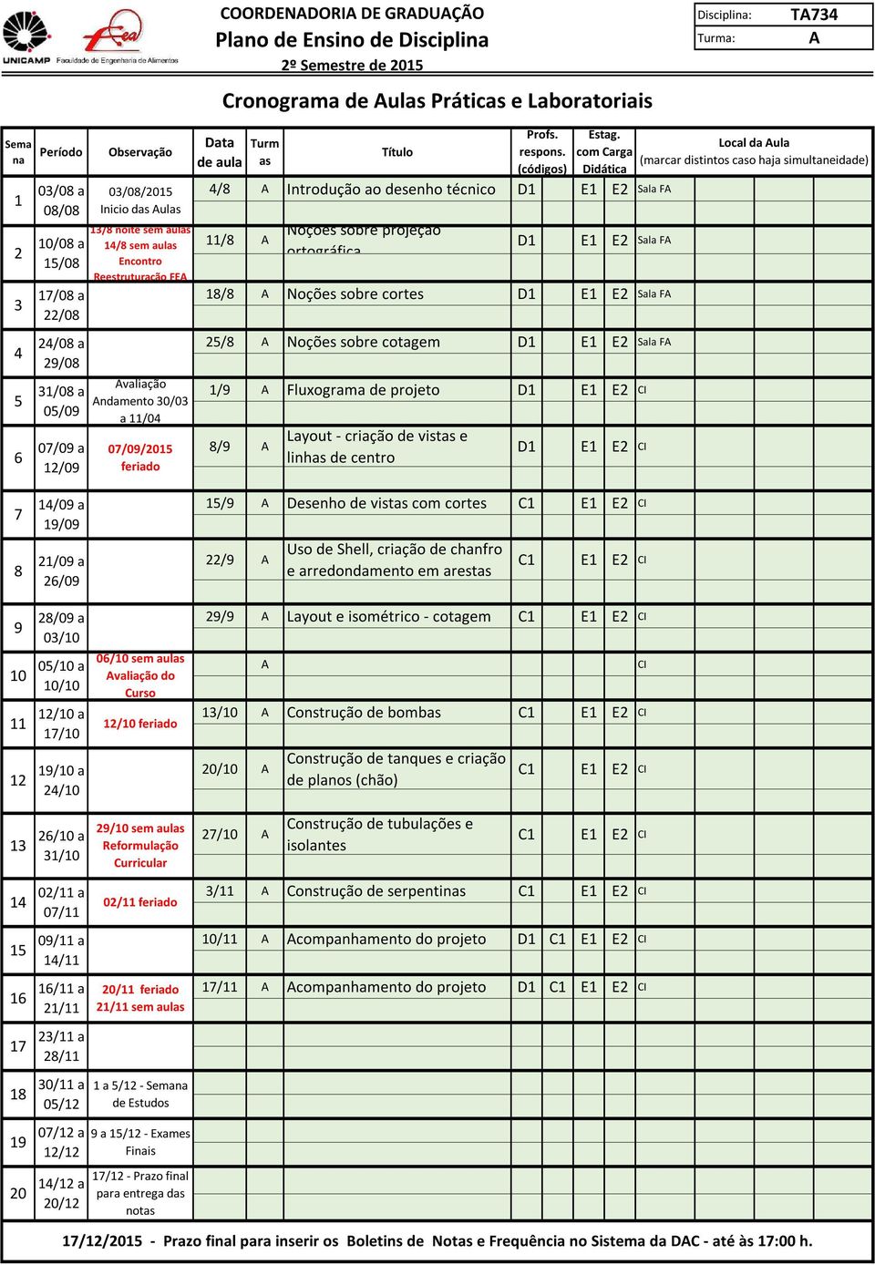 D1 E1 E2 Sala F 11/8 Noções sobre projeção ortográfica D1 E1 E2 Sala F 18/8 Noções sobre cortes D1 E1 E2 Sala F 25/8 Noções sobre cotagem D1 E1 E2 Sala F 1/9 Fluxograma projeto D1 8/9 Layout -