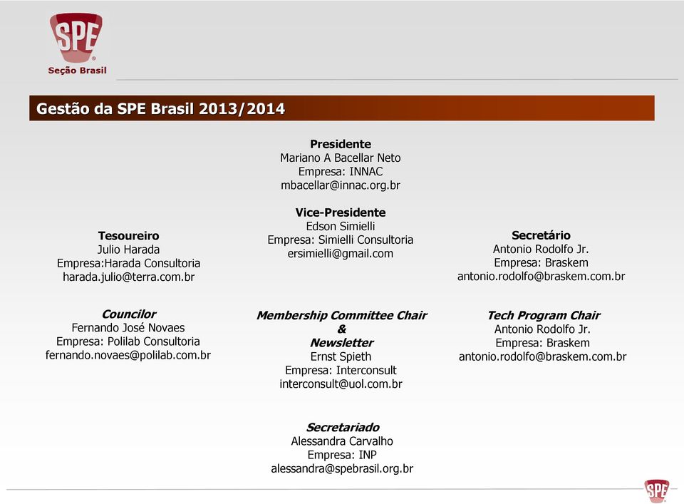 novaes@polilab.com.br Membership Committee Chair & Newsletter Ernst Spieth Empresa: Interconsult interconsult@uol.com.br Tech Program Chair Antonio Rodolfo Jr.