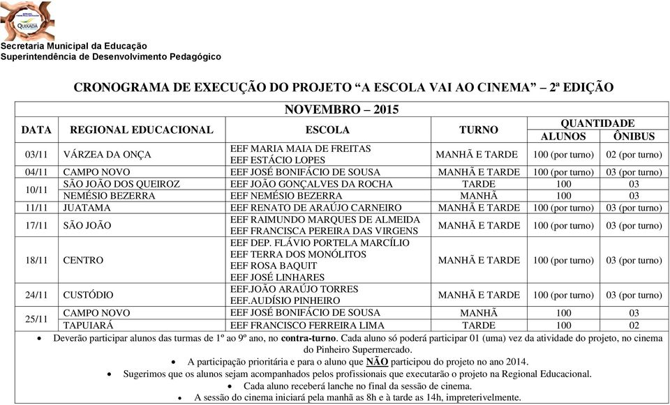 03 11/11 JUATAMA EEF RENATO DE ARAÚJO CARNEIRO 17/11 SÃO JOÃO 18/11 CENTRO 24/11 CUSTÓDIO EEF.JOÃO ARAÚJO TORRES EEF.