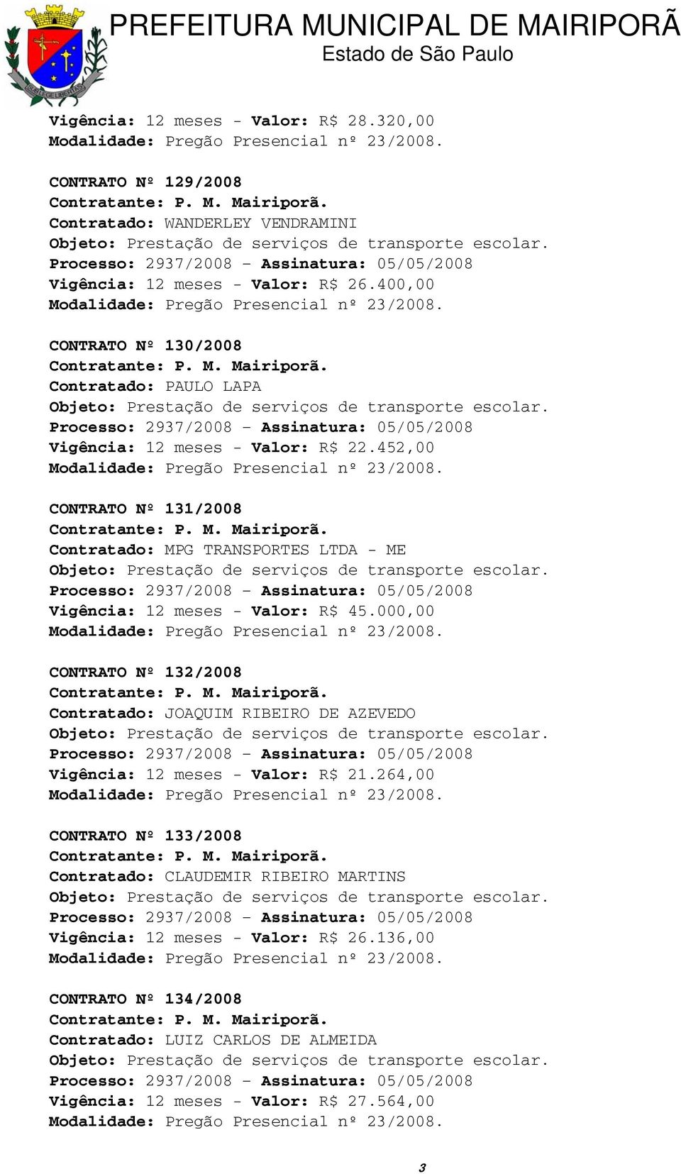 452,00 CONTRATO Nº 131/2008 Contratado: MPG TRANSPORTES LTDA - ME Vigência: 12 meses - Valor: R$ 45.