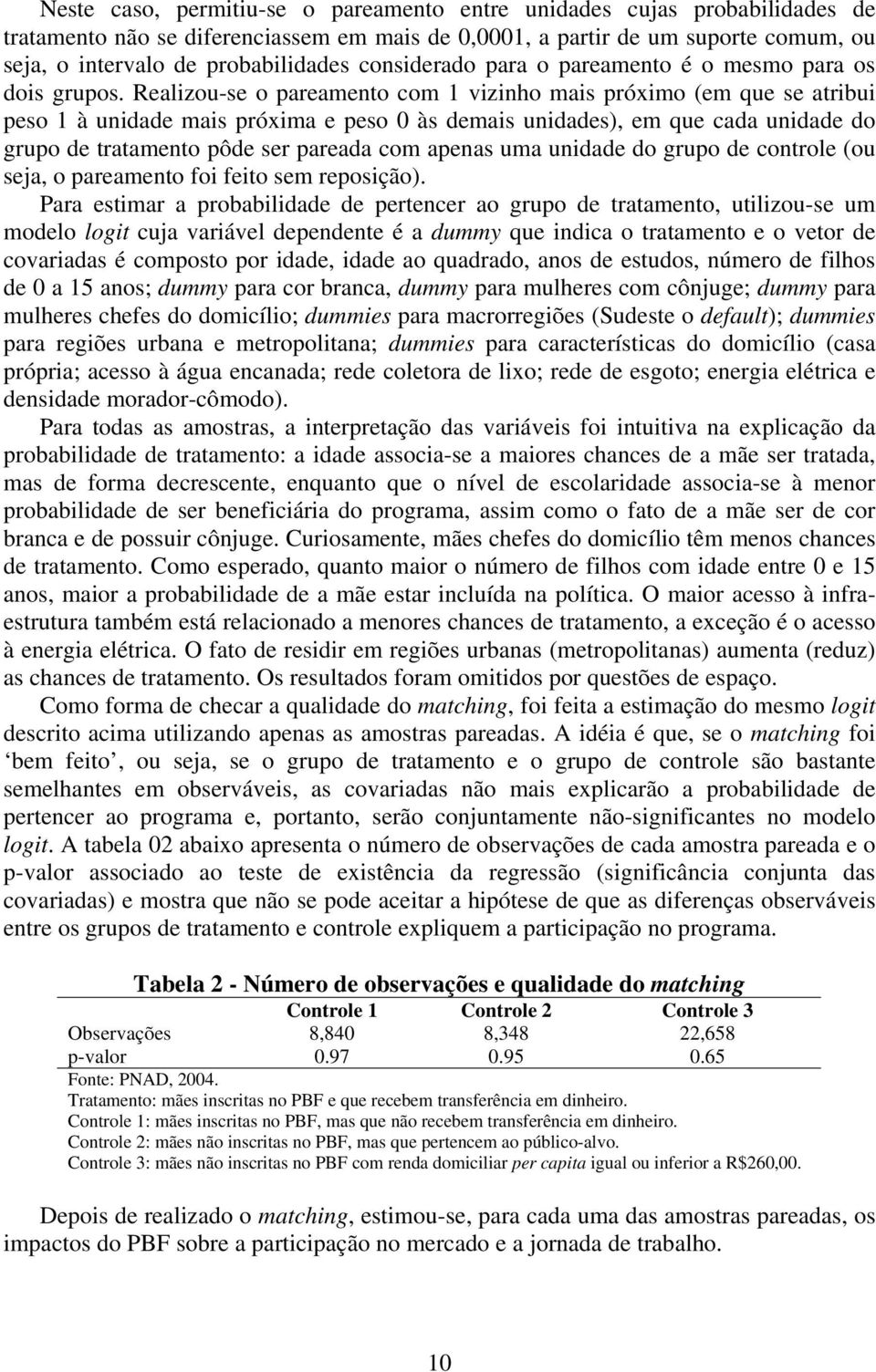 Realizou-se o pareamento com 1 vizinho mais próximo (em que se atribui peso 1 à unidade mais próxima e peso 0 às demais unidades), em que cada unidade do grupo de tratamento pôde ser pareada com