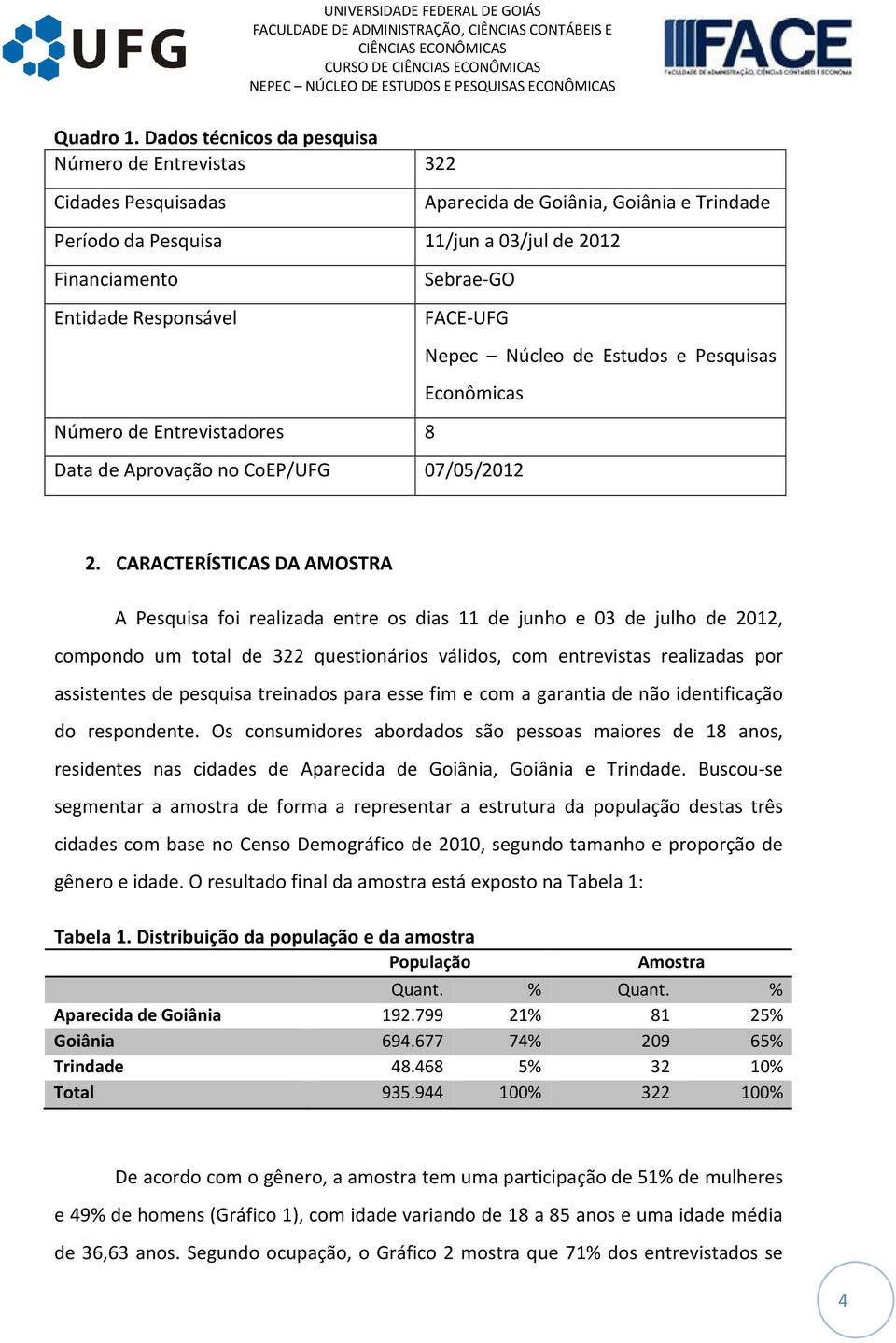 Sebrae-GO FACE-UFG Nepec Núcleo de Estudos e Pesquisas Econômicas Número de Entrevistadores 8 Data de Aprovação no CoEP/UFG 07/05/2012 2.