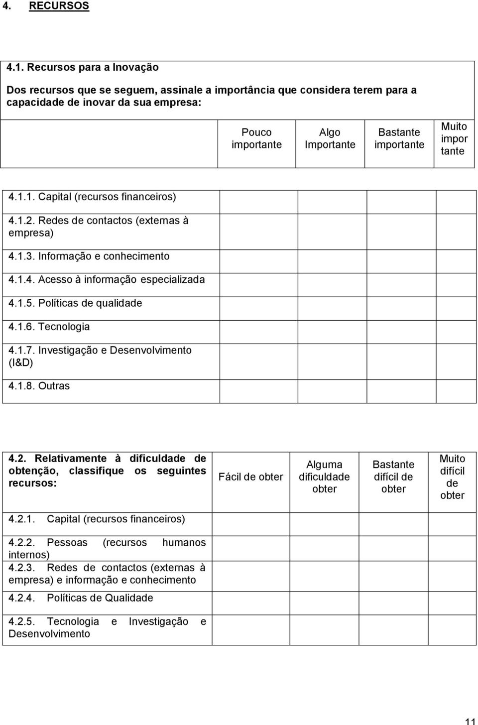 impor tante 4.1.1. Capital (recursos financeiros) 4.1.2. Redes de contactos (externas à empresa) 4.1.3. Informação e conhecimento 4.1.4. Acesso à informação especializada 4.1.5.