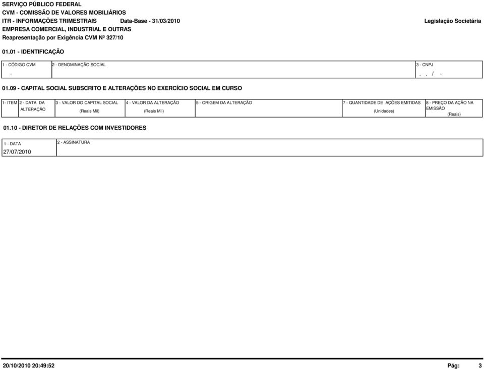 9 - CAPITAL SOCIAL SUBSCRITO E ALTERAÇÕES NO EXERCÍCIO SOCIAL EM CURSO 1- ITEM 2 - DATA DA ALTERAÇÃO 3 - VALOR DO CAPITAL SOCIAL (Reais Mil) 4 -