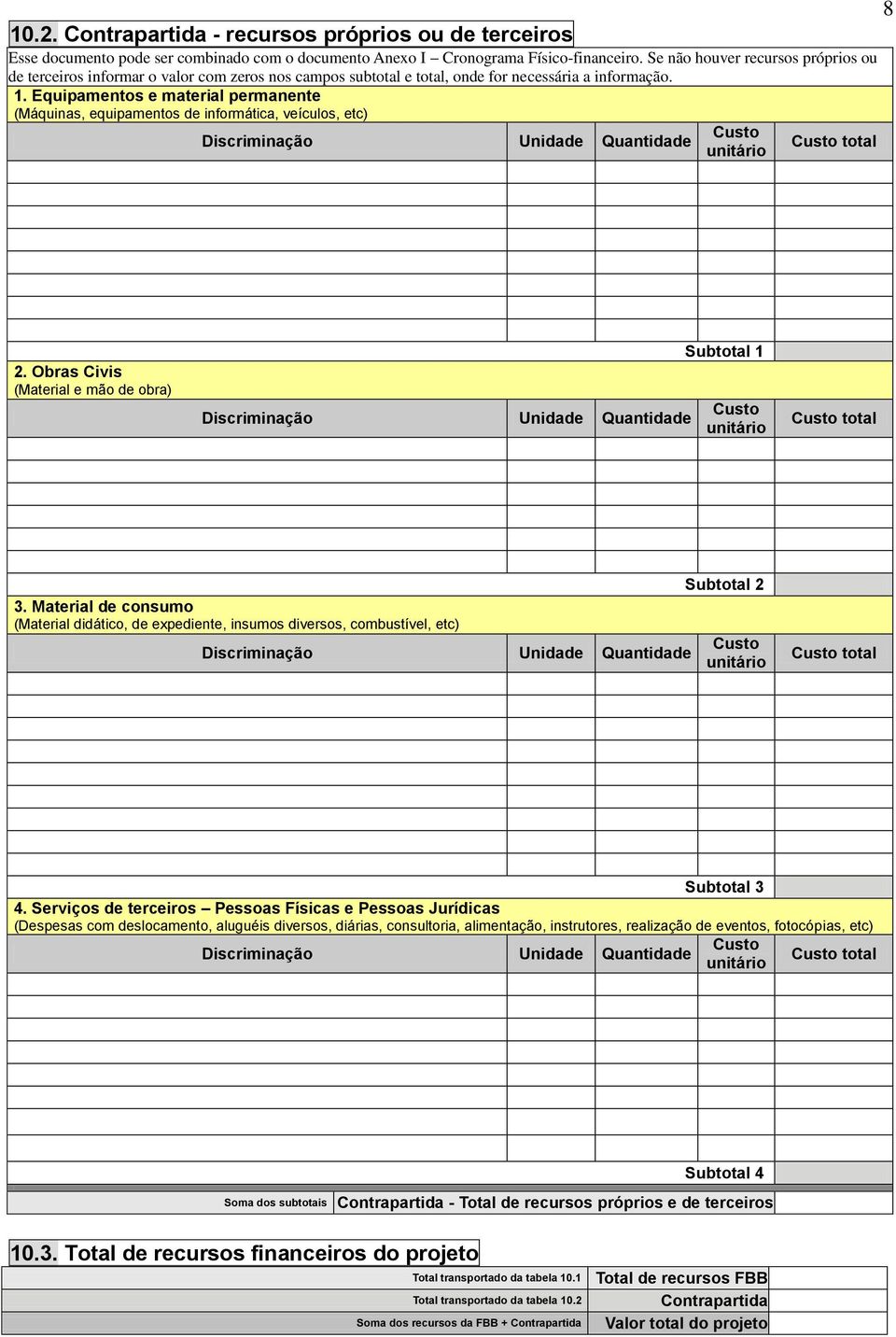 Equipamentos e material permanente (Máquinas, equipamentos de informática, veículos, etc) 2. Obras Civis (Material e mão de obra) Subtotal 1 3.