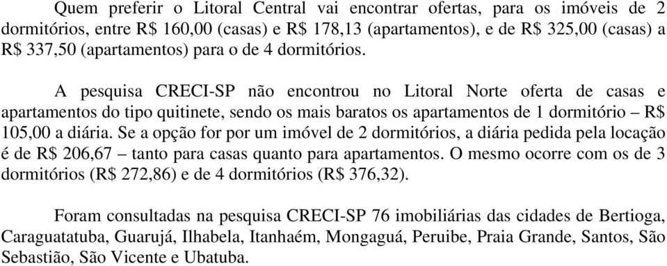 Se a opção for por um imóvel de 2 dormitórios, a diária pedida pela locação é de R$ 206,67 tanto para casas quanto para apartamentos.