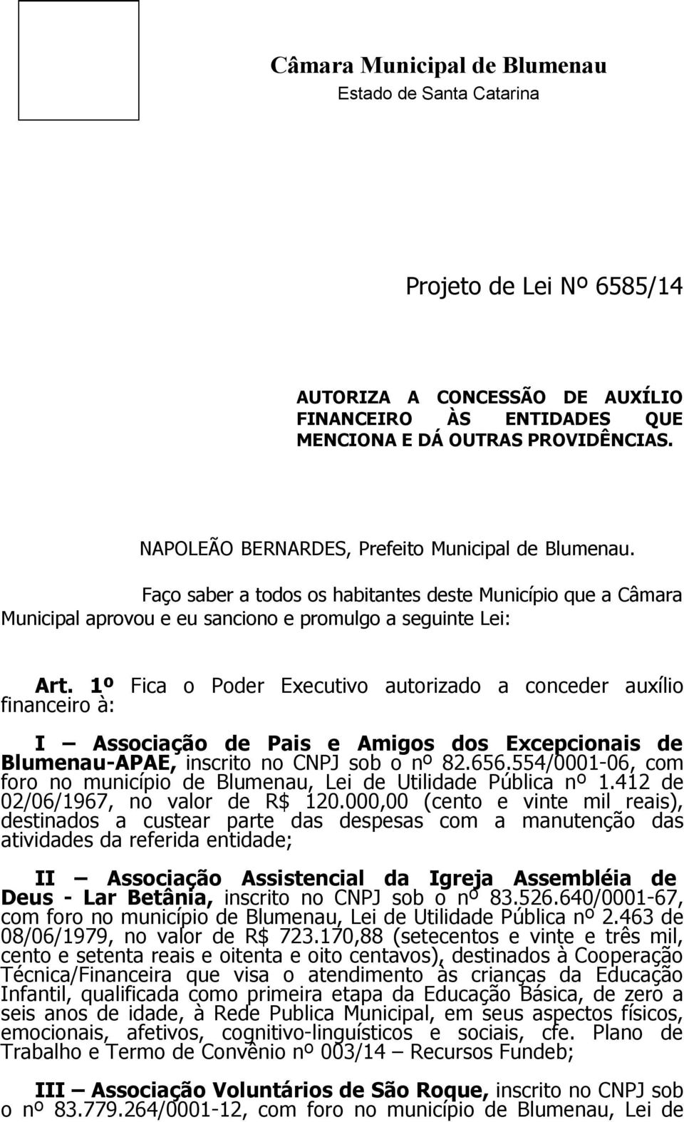 1º Fica o Poder Executivo autorizado a conceder auxílio financeiro à: I Associação de Pais e Amigos dos Excepcionais de Blumenau-APAE, inscrito no CNPJ sob o nº 82.656.