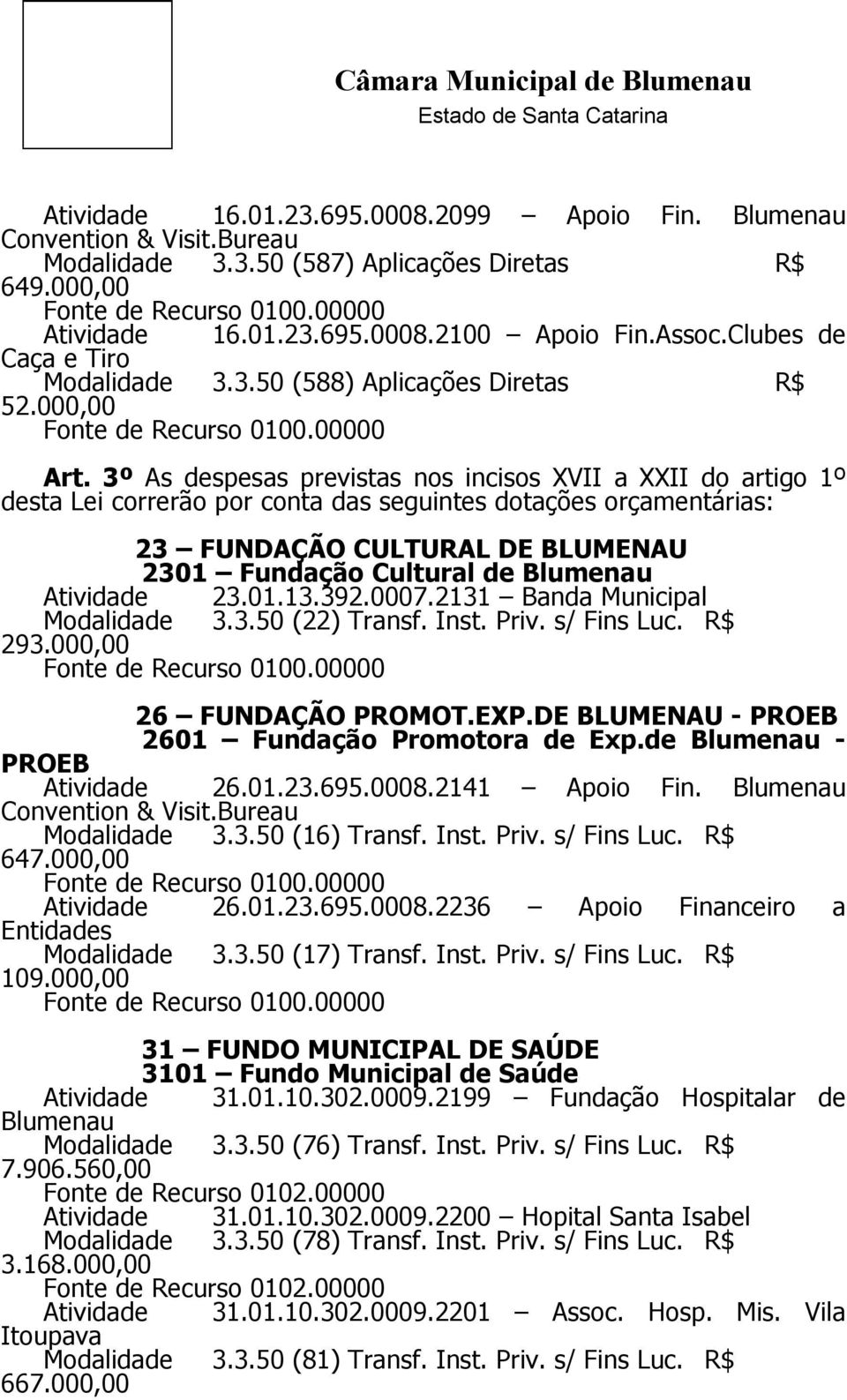 3º As despesas previstas nos incisos XVII a XXII do artigo 1º desta Lei correrão por conta das seguintes dotações orçamentárias: 23 FUNDAÇÃO CULTURAL DE BLUMENAU 2301 Fundação Cultural de Blumenau